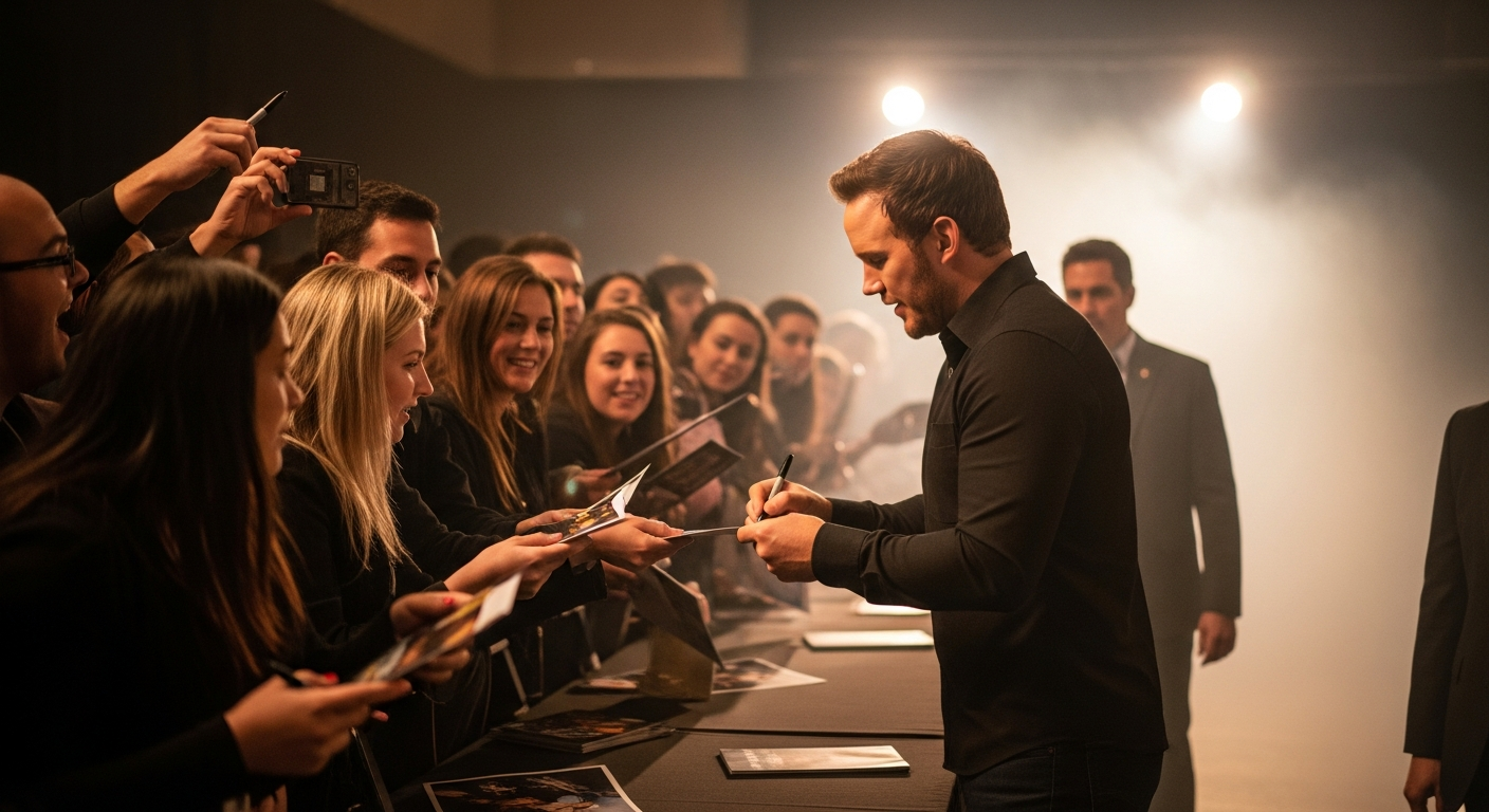 With a smile and genuine appreciation, Chris Pratt takes time to sign memorabilia, turning keepsakes into lifelong treasures. Each autograph becomes more than just ink—it’s a personal connection between star and fan.